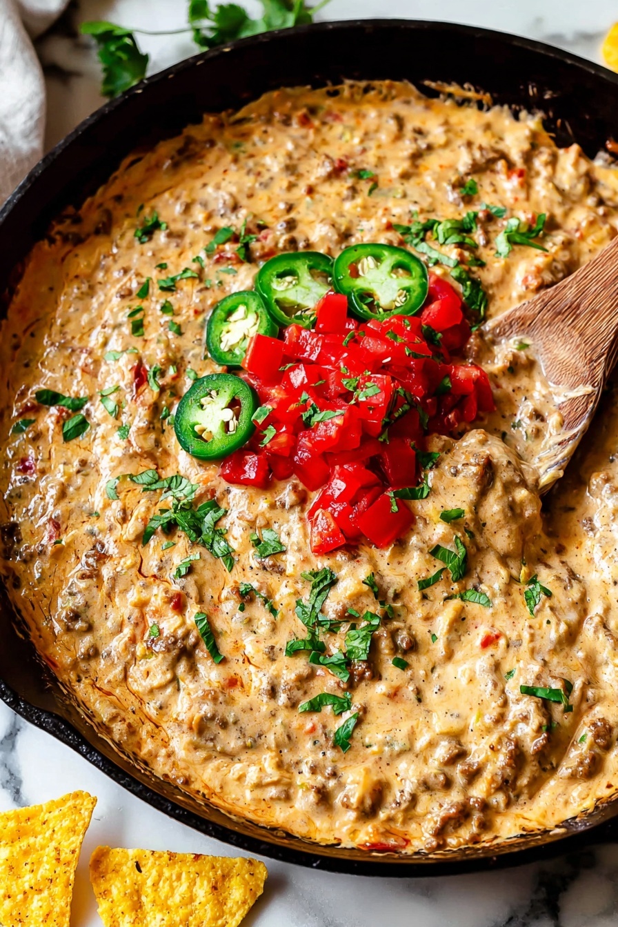 The image shows a black skillet filled with a creamy, thick dip that has a light tan color with bits of browned ground meat and small red pieces mixed in. On top of the dip, there is a small heap of bright red chopped tomatoes and sliced green jalapeño peppers for garnish. Fresh green cilantro leaves are sprinkled over the dip and garnish. A wooden spoon is stirring into the dip near the top right side of the skillet. The skillet sits on a white marbled surface, with a yellow tortilla chip partially visible in the bottom left corner. photo taken with an iphone --ar 2:3 --v 7