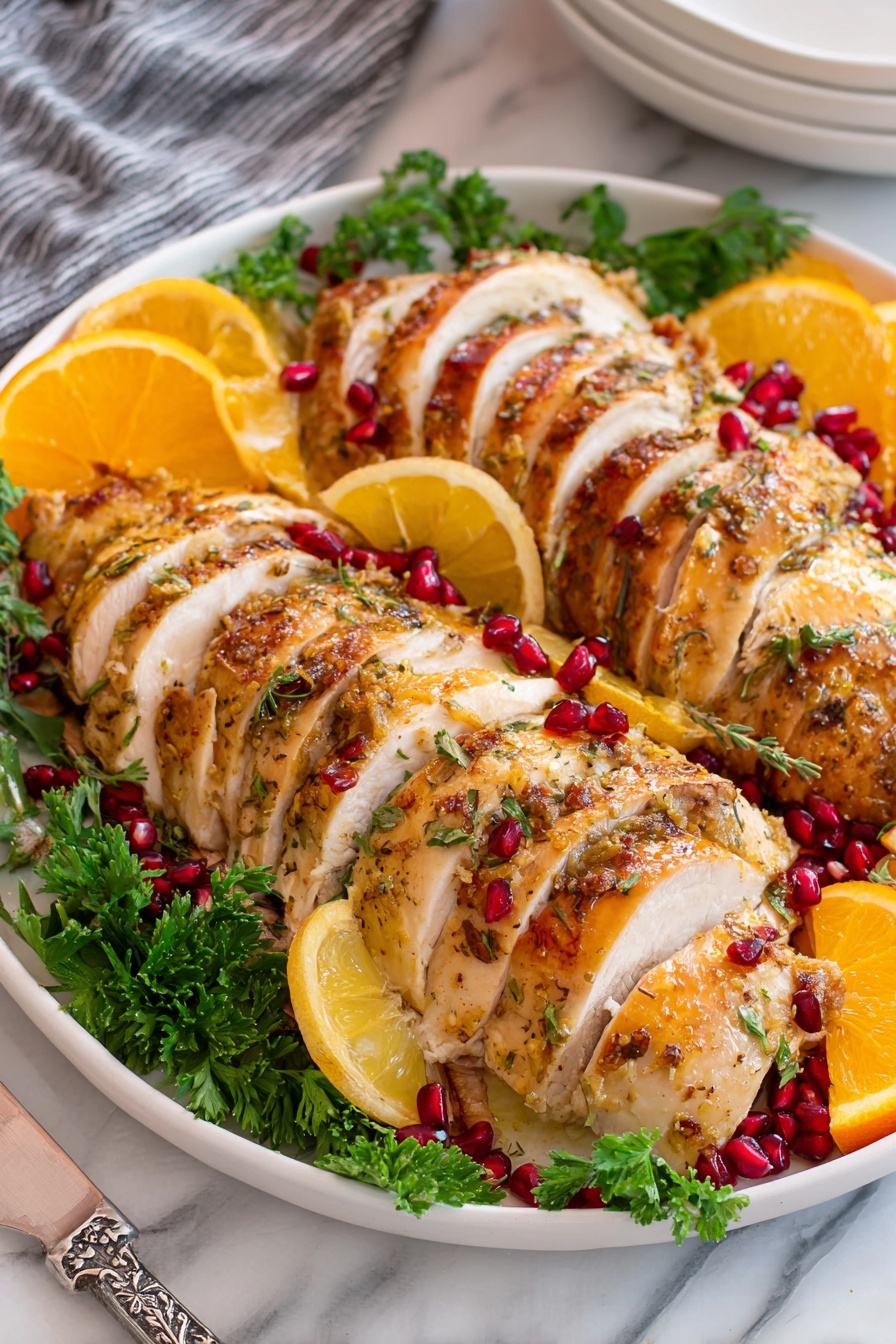 The image shows a white round plate with sliced roasted chicken arranged in two neat rows, each piece golden brown with visible herbs and a juicy texture. Around the chicken, there are bright green parsley leaves sprinkled with red pomegranate seeds. Wedges of orange and yellow citrus fruits, including tangerine and lemon, are placed evenly around the edge of the plate. A knife with a silver blade and decorative handle is positioned at the bottom left corner on a white marbled surface. The background includes a blurred white bowl and grey-striped cloth. photo taken with an iphone --ar 2:3 --v 7