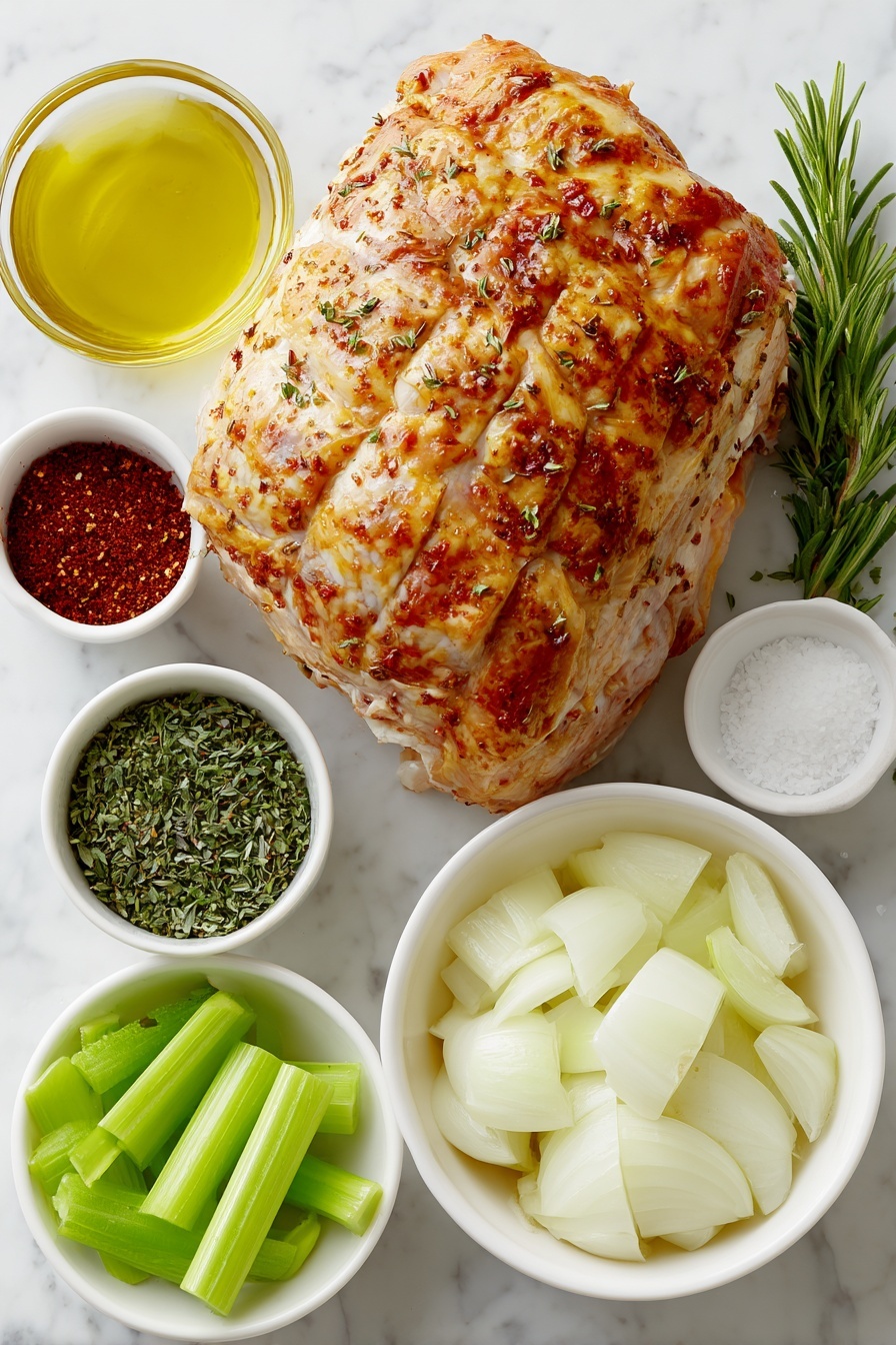 Flat lay of a large bone-in skin-on turkey breast with golden skin, a small white bowl of olive oil, a small white bowl containing paprika powder, a small white bowl with a fresh chopped herb mix of rosemary, sage, and thyme, a small white bowl of coarse salt, a small white bowl of ground black pepper, a small white bowl filled with clear chicken broth, a whole medium onion sliced into large rings, four whole garlic cloves, two fresh celery stalks arranged neatly, all placed on a clean white marble surface, soft natural light, photo taken with an iPhone, professional food photography style, fresh ingredients, white ceramic bowls, no bottles, no duplicates, no utensils, no packaging --ar 2:3 --v 7 --p m7354615311229779997
