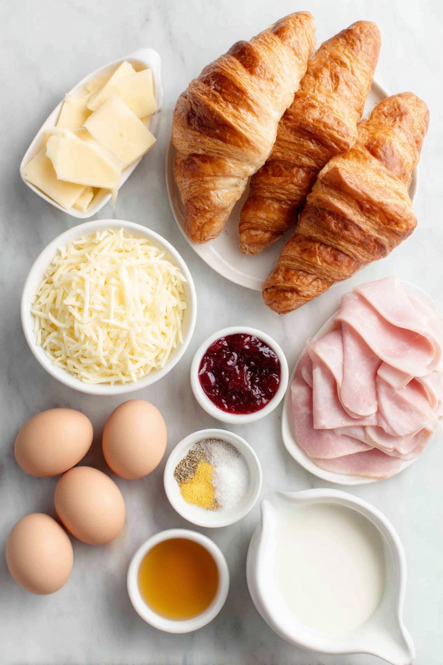 Flat lay of large whole croissants with golden flaky crusts, slices of glossy Black Forest deli ham separated slightly, a small white bowl filled with shredded Swiss cheese, eight whole uncracked brown eggs arranged neatly, a small white bowl containing creamy half and half, another small white bowl holding pure amber maple syrup, small white bowls with fine white salt, bright yellow mustard powder, light beige garlic powder, and finely ground white pepper, plus a small white bowl of vibrant red raspberry jam and a sifter with powdered sugar dusting nearby, all arranged symmetrically on a clean white marble surface, soft natural light, photo taken with an iPhone, professional food photography style, fresh ingredients, white ceramic bowls, no bottles, no duplicates, no utensils, no packaging --ar 2:3 --v 7 --p m7354615311229779997