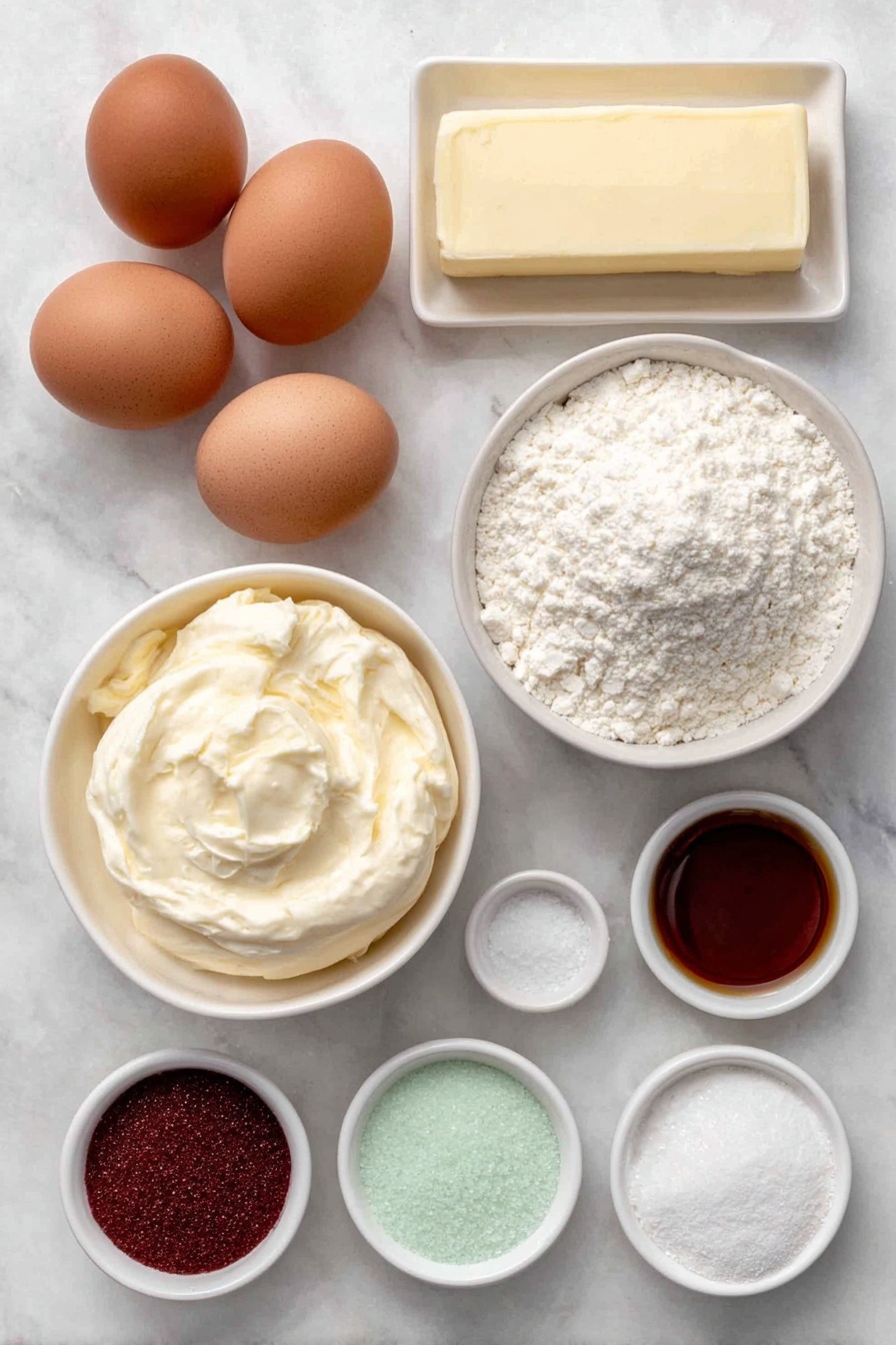 Flat lay of a stick of salted butter with a smooth surface, a small white ceramic bowl filled with soft cream cheese, a shallow white ceramic bowl heaped with granulated sugar, two large whole brown eggs with clean shells, a small white bowl containing clear vanilla extract, another small white bowl with pale almond extract, a simple white ceramic bowl filled with finely sifted all-purpose flour, a white bowl holding white cornstarch powder, a small white bowl with fine baking soda powder, a tiny white bowl with fine salt crystals, two small white bowls—one filled with bright red sanding sugar and the other with vivid green sanding sugar— all arranged symmetrically on a clean white marble surface, soft natural light, photo taken with an iPhone, professional food photography style, fresh ingredients, white ceramic bowls, no bottles, no duplicates, no utensils, no packaging --ar 2:3 --v 7 --p m7354615311229779997
