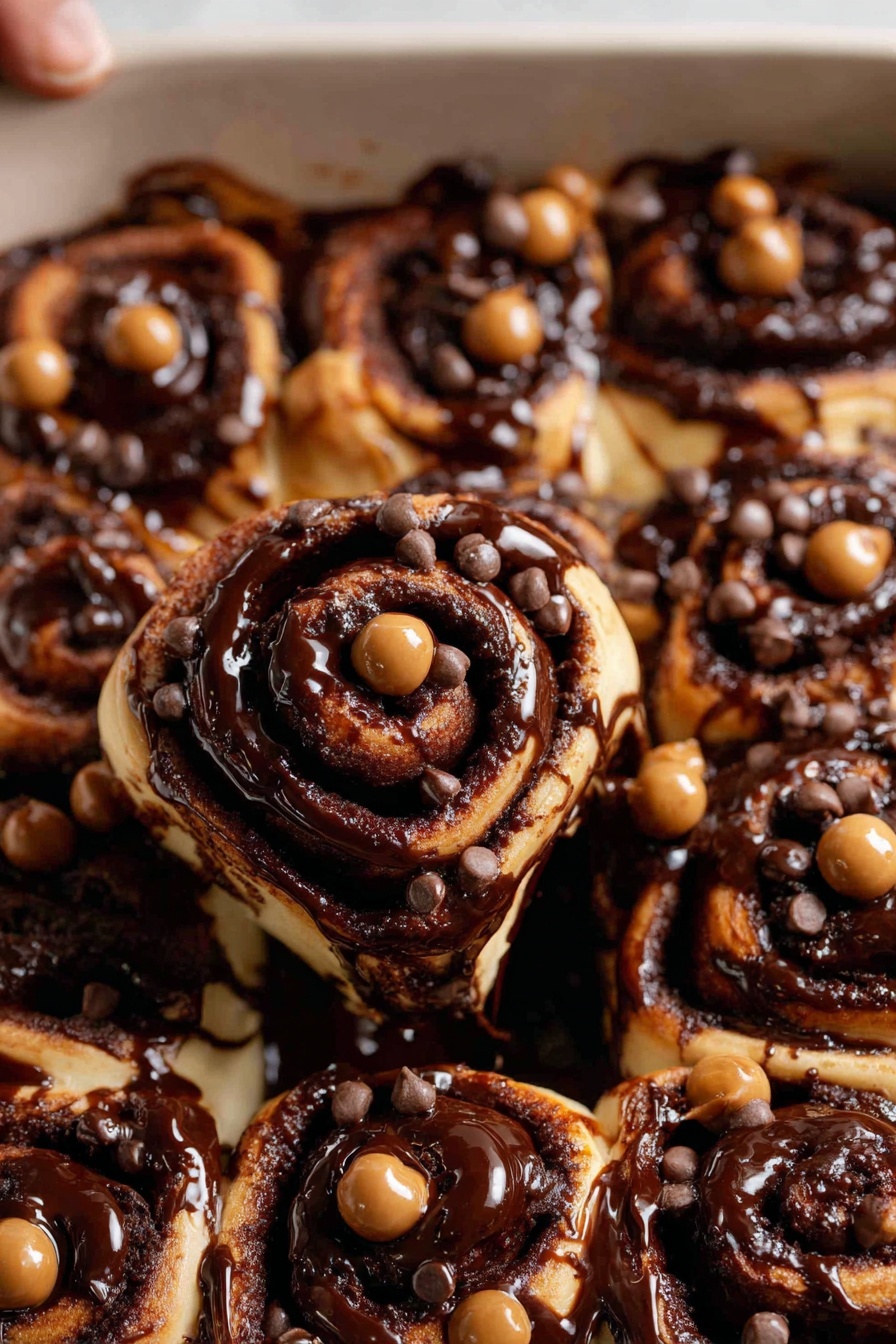 A close-up of several cinnamon rolls arranged tightly in a white baking dish on a white marbled surface, each roll made of soft light beige dough swirled with dark brown cinnamon layers. The rolls are thickly coated with a shiny dark chocolate sauce that pools in the dish's center and glistens under the light. Small round chocolate and caramel-colored balls are scattered on top of the chocolate layers, adding texture and color contrast. The cinnamon rolls look moist and rich with the chocolate sauce slightly dripping down the sides of the swirled layers photo taken with an iphone --ar 2:3 --v 7