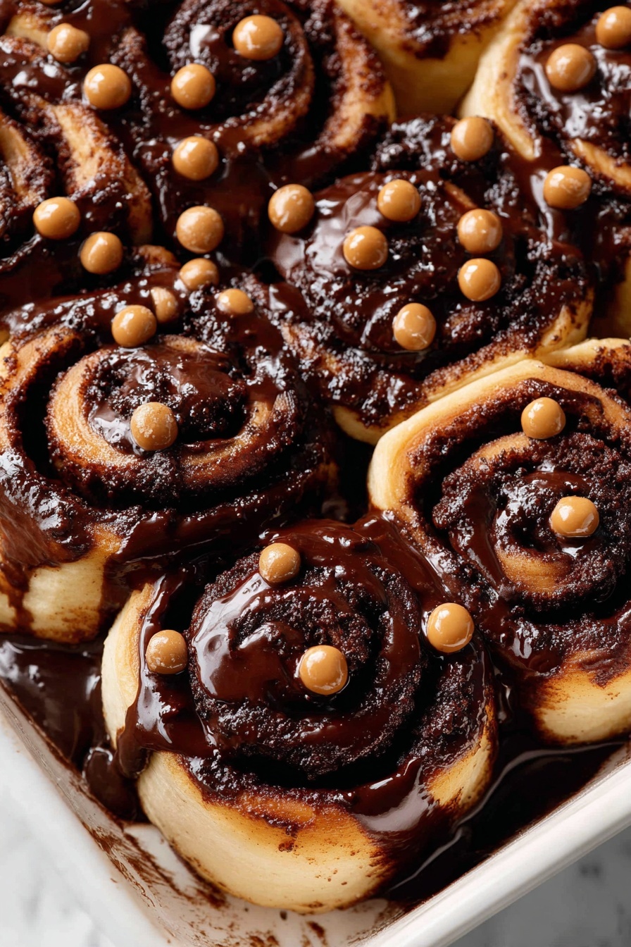 A close-up view of a white plate holding four cinnamon rolls arranged tightly together; three rolls show a golden-brown dough with a dark brown cinnamon swirl pattern, while the fourth roll is topped with thick, smooth, dark chocolate frosting sprinkled with small chocolate chunks. One roll with frosting at the bottom shows a bite taken out, revealing a soft, moist inside with visible chocolate bits. The plate sits on a white marbled surface with scattered chocolate pieces nearby. photo taken with an iphone --ar 2:3 --v 7