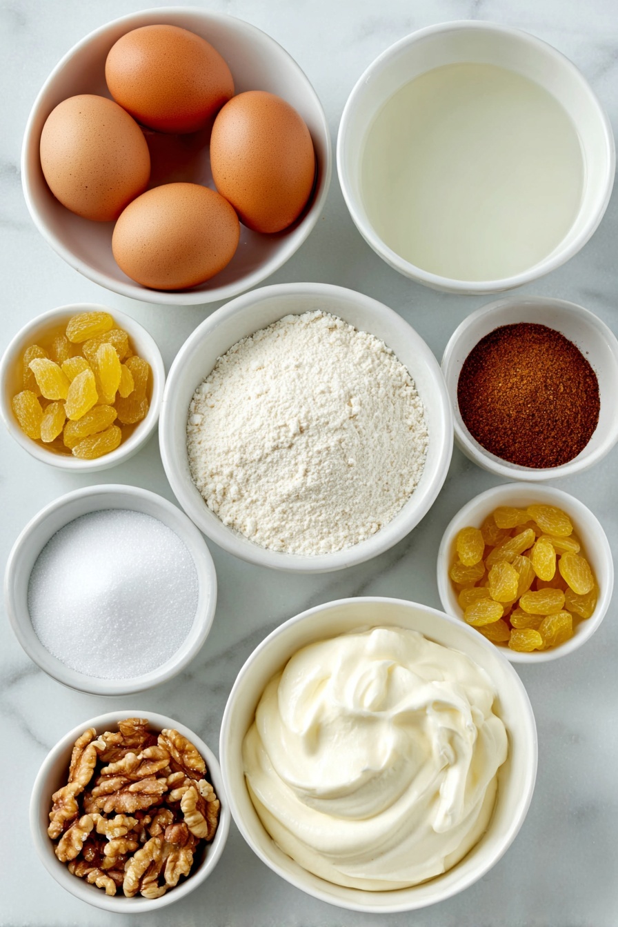 Flat lay of whole brown eggs with clean shells, small white ceramic bowl of clear water, small white ceramic bowl of granulated sugar, small white ceramic bowl of ground cinnamon powder, small white ceramic bowl of ground cloves powder, small white ceramic bowl with a pinch of nutmeg powder, small white ceramic bowl with vanilla seeds, a handful of whole raw almonds, a handful of whole raw walnuts, small white ceramic bowl of golden raisins, small white ceramic bowl of dark raisins, small white ceramic bowl of cold whipping cream, small white ceramic bowl of icing sugar, placed on a clean white marble surface, soft natural light, photo taken with an iPhone, professional food photography style, fresh ingredients, white ceramic bowls, no bottles, no duplicates, no utensils, no packaging --ar 2:3 --v 7 --p m7354615311229779997