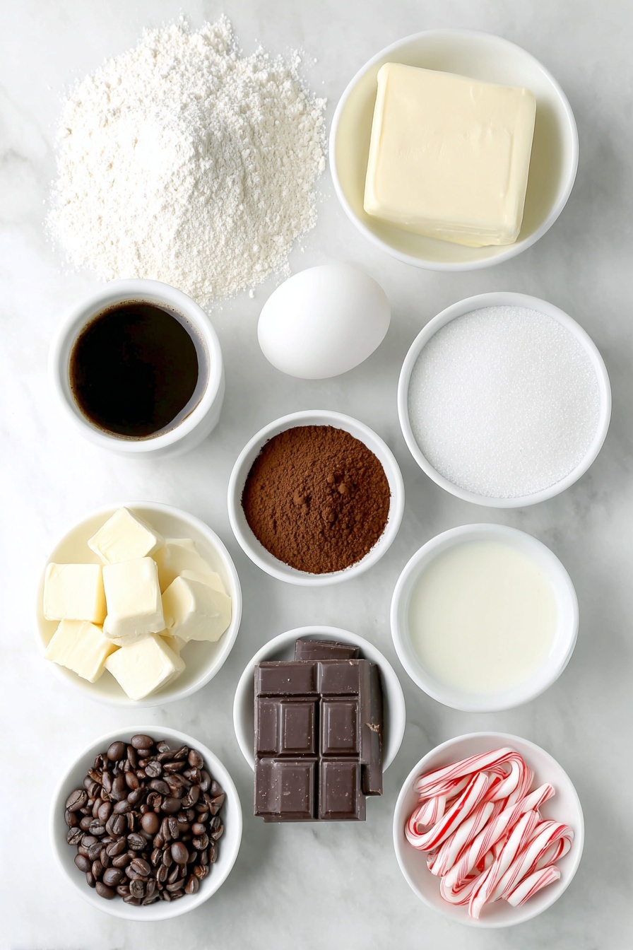 Flat lay of a small mound of unbleached cake flour, a heap of granulated sugar, a pile of unsweetened Dutch processed cocoa powder, a small mound of packed brown sugar, a few dark brown espresso beans, a small heap of baking powder, a pinch of baking soda crystals, a pinch of fine sea salt crystals, several cubes of unsalted butter, a dollop of sour cream, a small pool of whole milk in a white ceramic bowl, a small pool of vegetable oil in a white ceramic bowl, a small pool of room temperature coffee in a white ceramic bowl, one clean whole large egg with an uncracked shell, one clean whole large egg yolk with shell, a small white ceramic bowl filled with peppermint extract liquid, a block of unsalted butter, a small mound of powdered sugar, a small white ceramic bowl with heavy cream, a small white ceramic bowl with red gel food coloring, a few peppermint baking chunks and mini candy canes placed neatly, all arranged symmetrically with perfect proportions on simple white ceramic bowls, no bottles, no duplicates, no utensils, no packaging, placed on a clean white marble surface, soft natural light, photo taken with an iPhone, professional food photography style, fresh ingredients, white ceramic bowls, no bottles, no duplicates, no utensils, no packaging --ar 2:3 --v 7 --p m7354615311229779997