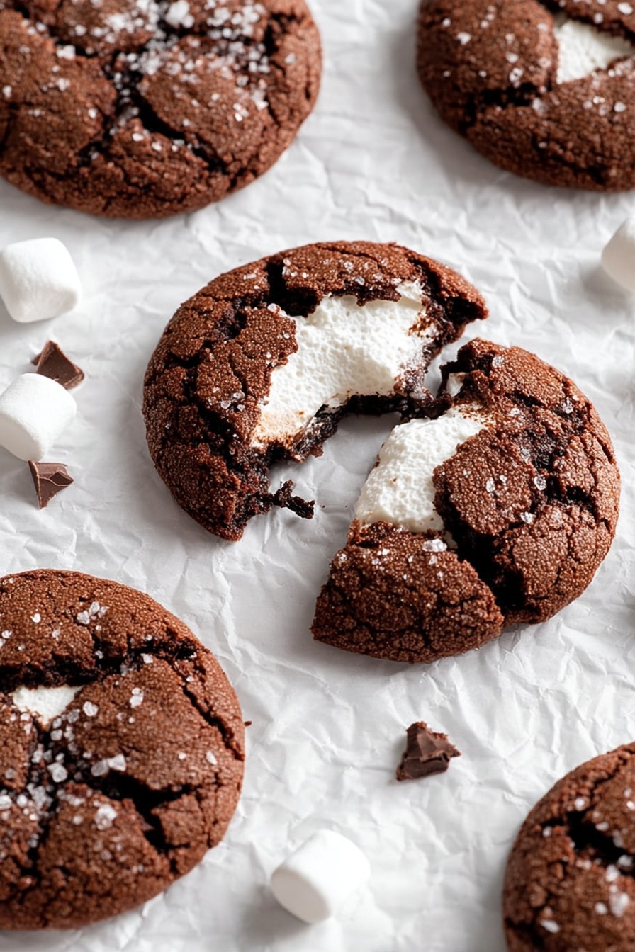 The image shows five round chocolate cookies on crinkled white paper, placed on a white marbled surface. Each cookie has a cracked texture with sugar crystals visible on the surface. One cookie is broken open in the center, revealing a soft, white marshmallow inside that looks sticky and stretched between the two halves. Small chocolate chunks and a few mini marshmallows are scattered around the cookies. The colors are deep brown from the cookies and bright white from the marshmallow and paper, creating a strong contrast. photo taken with an iphone --ar 2:3 --v 7
