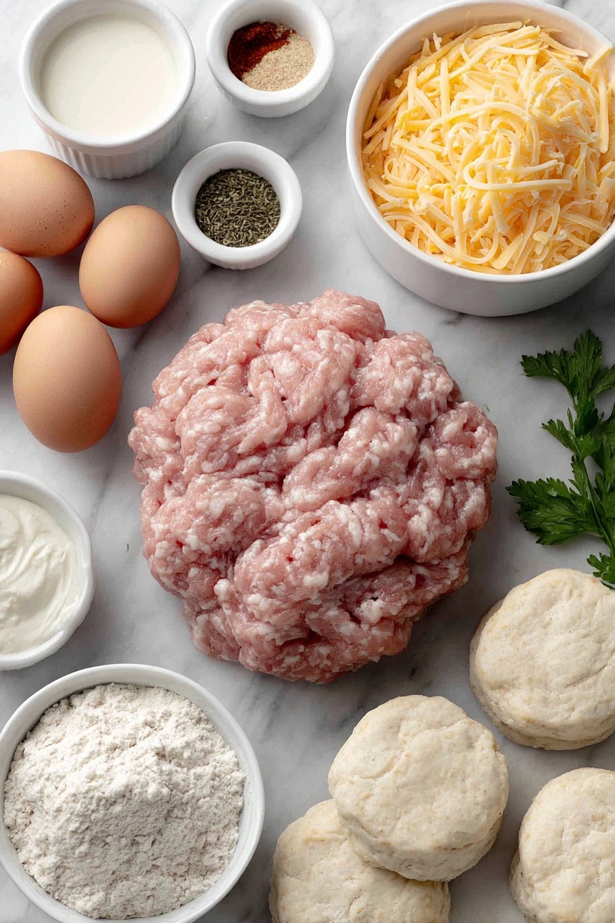 Flat lay of a mound of fresh raw ground pork sausage, a small white ceramic bowl filled with pale all-purpose flour, a small white ceramic bowl containing creamy whole milk, a small white ceramic bowl with crushed beef bouillon powder, a small white ceramic bowl holding mixed dried herbs and spices including garlic powder, parsley flakes, onion powder, ground sage, salt, black pepper, red pepper flakes, and a pinch of dried thyme, six whole uncracked brown eggs, a small white ceramic bowl of paprika powder, a small white ceramic bowl with ground mustard powder, a small white ceramic bowl combining salt and pepper, eight fluffy unbaked biscuit dough rounds separated from each other, a small white ceramic bowl heaped with freshly shredded sharp cheddar cheese, another small white ceramic bowl heaped with freshly shredded Monterey Jack cheese, and a few sprigs of fresh bright green parsley placed on a clean white marble surface, soft natural light, photo taken with an iPhone, professional food photography style, fresh ingredients, white ceramic bowls, no bottles, no duplicates, no utensils, no packaging --ar 2:3 --v 7 --p m7354615311229779997