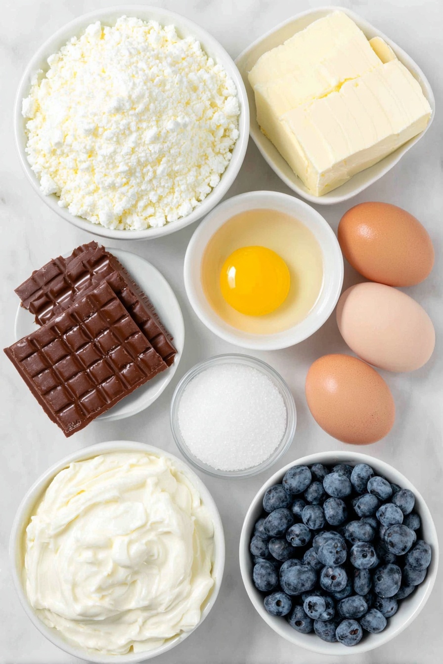 Flat lay of a small white ceramic bowl of finely crushed vanilla wafer crumbs, a few vanilla wafers stacked beside it, a small white ceramic bowl with melted golden butter, a small white ceramic bowl of granulated white sugar, two whole brown eggs with clean shells next to one whole egg yolk in a white ceramic bowl, two blocks of smooth cream cheese, a small white ceramic bowl of thick white sour cream, a small white ceramic bowl of clear vanilla extract, and a small white ceramic bowl filled with fresh whole blueberries placed on a clean white marble surface, soft natural light, photo taken with an iPhone, professional food photography style, fresh ingredients, white ceramic bowls, no bottles, no duplicates, no utensils, no packaging --ar 2:3 --v 7 --p m7354615311229779997