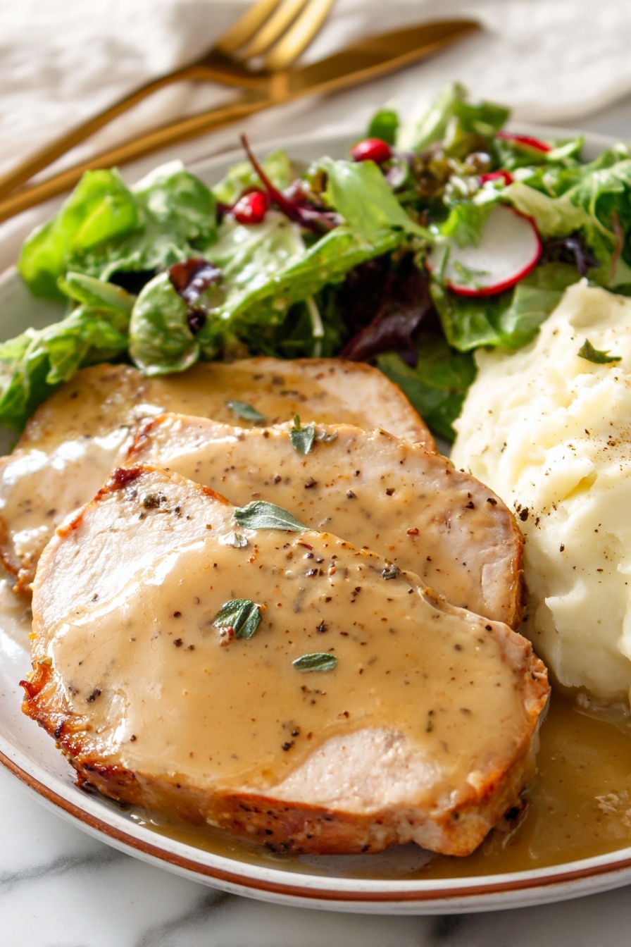 The dish shows three thick slices of light tan cooked meat, covered with a smooth, shiny beige gravy with specks of black pepper and green herbs on top. To the right of the meat, there is a mound of creamy white mashed potatoes topped with the same beige gravy. Behind both, there is a fresh green salad with different green leaves, some small red seeds, and light-colored slices of vegetables. The food is arranged on a white plate with a thin brown edge, set on a white marbled surface, with golden salad tongs resting behind the plate. photo taken with an iphone --ar 2:3 --v 7
