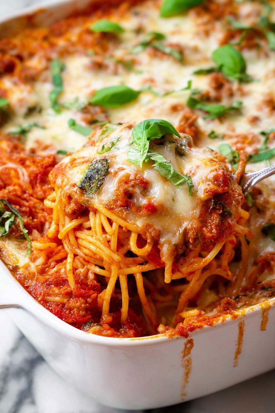 This close-up image shows a layered baked spaghetti dish in a white ceramic dish. The bottom layer consists of spaghetti noodles mixed with a bright red tomato sauce with visible bits of ground meat and herbs. Above this is a layer of melted cheese, light golden and stringy, sprinkled with chopped fresh green basil leaves. The top layer features more basil leaves as garnish, adding fresh color contrast. A spoon is scooping a portion of the dish, revealing a thick, saucy, cheesy texture with strands of spaghetti. The dish rests on a white marbled surface. Photo taken with an iphone --ar 2:3 --v 7
