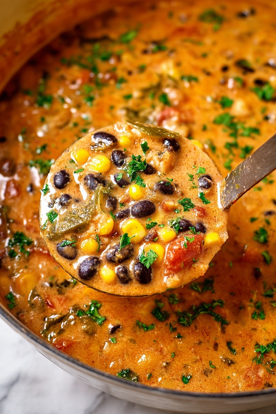 The image shows a thick, creamy stew filled with chunks of black beans, bright yellow corn, and small pieces of tomato, all mixed into a light reddish-orange sauce. The stew has green chopped herbs scattered on top, adding a fresh look. A metal ladle lifts some stew, revealing the thick texture and the colorful ingredients inside. The stew is in a white pot on a white marbled surface. photo taken with an iphone --ar 2:3 --v 7