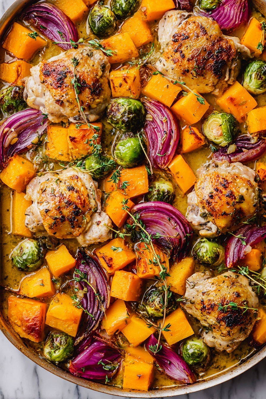 The image shows a baked dish on a white marbled surface with five pieces of golden-brown chicken thighs scattered across the pan. Alongside the chicken are chunks of bright orange butternut squash evenly spread, halved Brussels sprouts in shades of green, and curved slices of red onion with a slightly charred look. Some sprigs of fresh thyme add small, delicate green leaves across the dish. The sauce surrounding the ingredients has a warm, caramelized color, making the food look juicy and tasty. photo taken with an iphone --ar 2:3 --v 7