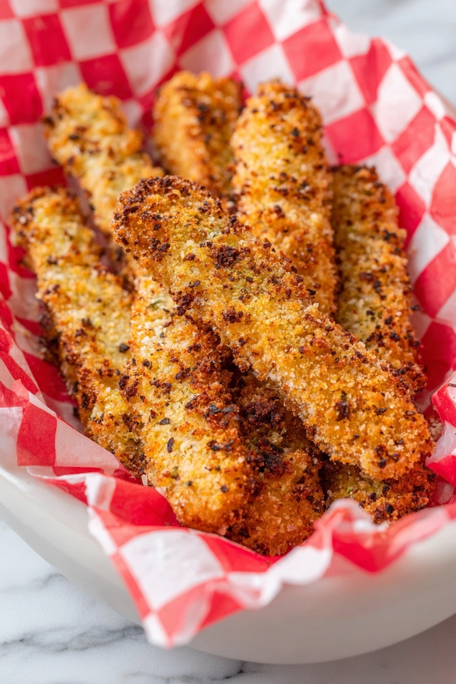 A white basket holds about eight crunchy breaded sticks, each coated with a golden-brown crumb mixture that has small dark brown and black specks, showing a crunchy texture. The basket is lined with red and white checkered paper, creating a bright contrast with the golden sticks. The background has a white marbled texture, adding a clean and simple look to the setting. photo taken with an iphone --ar 2:3 --v 7