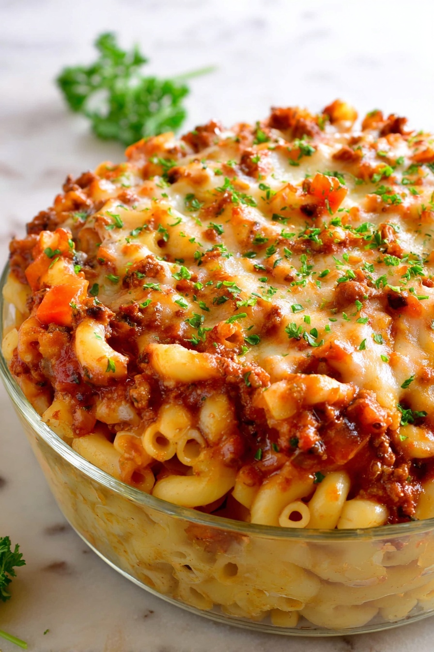 This image shows a close-up of a cheesy baked pasta dish in a white bowl on a white marbled surface. The dish has one main layer of curly pasta coated in a rich, melted orange-yellow cheese sauce. Mixed in are small pieces of browned ground meat and bits of red tomato, giving the dish a mix of orange, reddish, and brown colors. Green parsley is sprinkled on top as a fresh garnish. A silver spoon is partly inside the bowl, scooping some pasta, showing the creamy and slightly oily texture of the dish. photo taken with an iphone --ar 2:3 --v 7