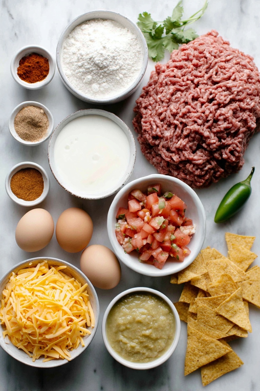 Flat lay of a pile of fresh lean ground beef, a small white bowl of white flour, a small white bowl with reddish-brown chili powder, a small white bowl of coarse sea salt crystals, a small white bowl of light brown ground cumin, three small white bowls each containing smoked paprika, garlic powder, and onion powder in warm earthy tones, a small white bowl with bright red cayenne pepper powder, a simple white ceramic dish holding diced fresh red tomatoes with green jalapeño bits (representing mild Rotel), a small white bowl filled with vibrant green salsa verde, a small white bowl of creamy white milk, a white ceramic plate with soft cubed cream cheese, a small mound of freshly shredded mild orange cheddar cheese, a handful of whole unbroken brown and white eggs, a few fresh green cilantro sprigs, and a neat pile of triangular golden tortilla chips, all placed on a clean white marble surface, soft natural light, photo taken with an iPhone, professional food photography style, fresh ingredients, white ceramic bowls, no bottles, no duplicates, no utensils, no packaging --ar 2:3 --v 7 --p m7354615311229779997