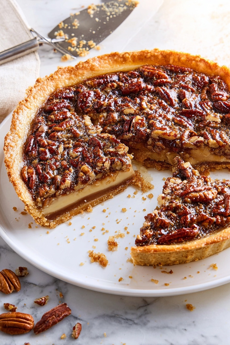 A close-up of a pie showing three layers: the bottom layer is a light brown, crumbly crust; the middle layer is a smooth, creamy, pale yellow filling; the top layer is a glossy, rich brown caramel with a thick layer of chopped pecans that adds a textured, crunchy look. The pie is sliced, revealing the layers in detail, and it sits on a white marbled surface with some crumbs scattered around. photo taken with an iphone --ar 2:3 --v 7