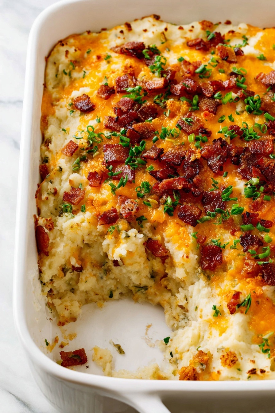 A white baking dish filled with a layered casserole showing a chunky, creamy mashed potato base mixed with small bits of herbs and browned onion. The middle layer has melted orange cheese spread evenly across the top, with crispy, dark brown bacon pieces scattered over it. Finely chopped green onions and parsley are sprinkled on top, adding bright green color. The dish has a slightly browned edge and a clear empty section where the casserole has been scooped out, revealing its thick texture. The background is a white marbled surface. photo taken with an iphone --ar 2:3 --v 7