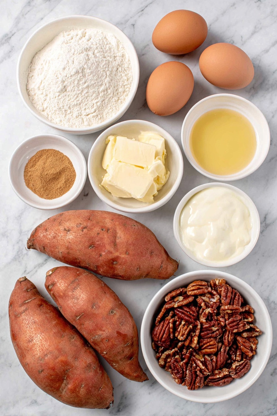 Flat lay of four fresh whole sweet potatoes with smooth orange skin, a small white ceramic bowl of light brown sugar, a small white bowl of melted golden butter, a small white bowl of creamy milk, two whole uncracked brown eggs with clean shells, a small white bowl of light golden vanilla extract, a small white bowl of fine all-purpose flour, a small white bowl of ground cinnamon with warm reddish-brown color, a small white bowl filled with chopped pecans showing natural texture and rich brown shades, all arranged symmetrically on a clean white marble surface, soft natural light, photo taken with an iPhone, professional food photography style, fresh ingredients, white ceramic bowls, no bottles, no duplicates, no utensils, no packaging --ar 2:3 --v 7 --p m7354615311229779997