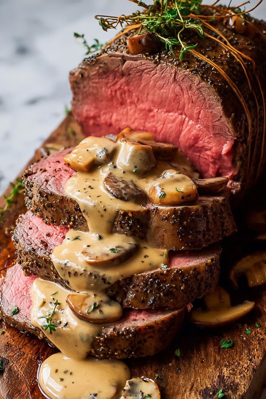 The image shows a thick piece of roast beef sliced into three layers, each slice revealing a pink, juicy inside with a dark, seasoned crust on the outside. The slices are stacked on a rustic wooden board, with creamy light brown mushroom sauce poured generously over the top two slices. The sauce has visible slices of mushrooms and is garnished with fresh green herbs. Behind the sliced meat is the larger, uncut roast with a tied string around it. The background is a white marbled texture. Photo taken with an iphone --ar 2:3 --v 7