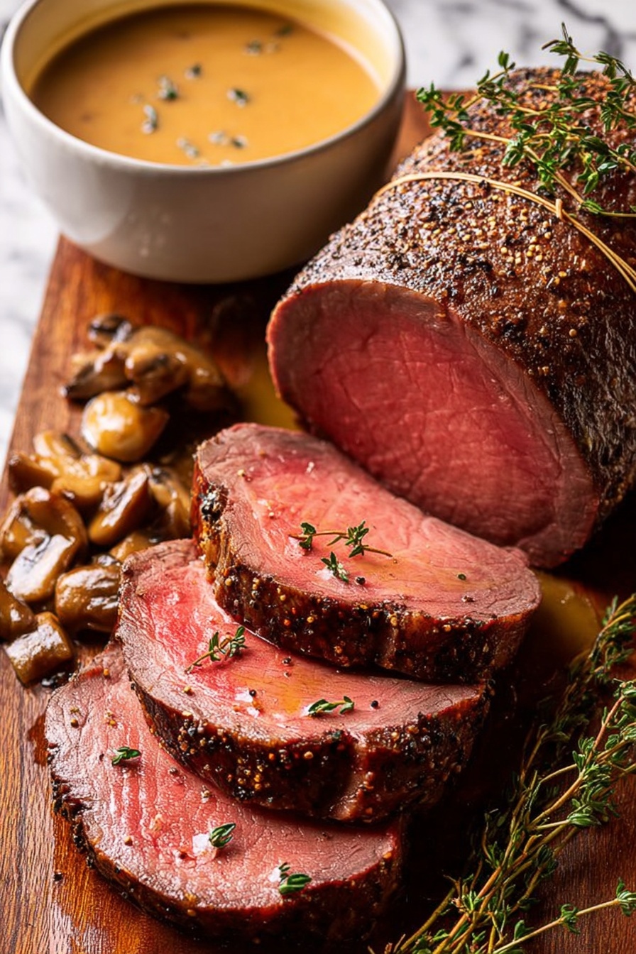 A thick roast with dark brown, slightly crispy skin sprinkled with coarse pepper and small green thyme leaves is tied with light brown string and placed on a wooden board. Three large slices are cut and laid in front of the roast, showing a deep pink, juicy inside with a smooth texture and garnished with thyme sprigs. On the left side, a white bowl filled with creamy light brown mushroom sauce with visible mushroom pieces sits on the board. The background is a white marbled surface. photo taken with an iphone --ar 2:3 --v 7