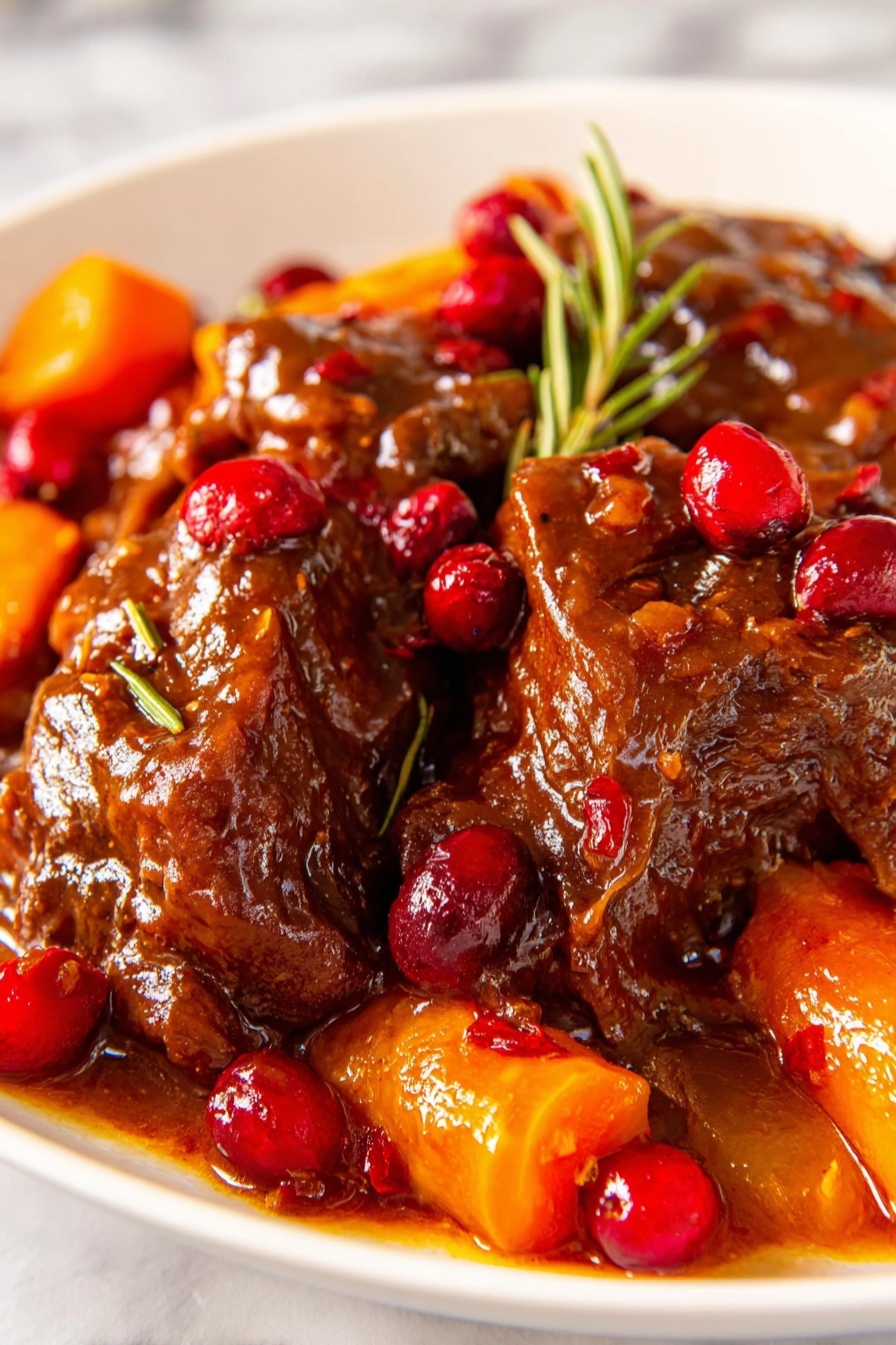 The image shows a close-up of a hearty stew served on a white plate, placed on a white marbled surface. The dish features three main layers: thick pieces of brown meat covered in a dark, glossy sauce with visible herbs and spices, bright orange carrot chunks scattered throughout, and small shiny red cranberries adding a pop of color on top and around the meat. The sauce looks rich and coats the meat and vegetables evenly, with some visible rosemary sprigs sprinkled over the dish. The colors include deep brown, vivid orange, and bright red, creating a warm and inviting look. photo taken with an iphone --ar 2:3 --v 7