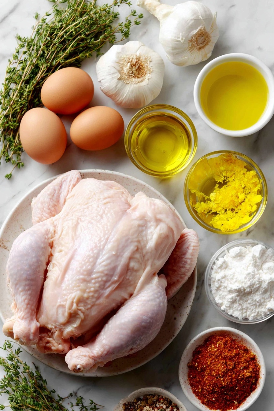 Flat lay of a whole fresh raw chicken with smooth skin, a small white ceramic bowl of coarse sea salt, a few uncracked brown eggs with clean shells, a small white ceramic bowl of golden olive oil, half a white onion roughly chopped, four peeled garlic cloves, ten sprigs of fresh green thyme, a small white ceramic bowl of dry white wine, a small white ceramic bowl of clear broth, a small white ceramic bowl of bright yellow lemon juice, a small white ceramic bowl of pale yellow cornstarch, a small heap of mixed chicken seasoning powders including reddish paprika, brown sugar crystals, and various ground herbs and spices on a clean white ceramic plate placed on a clean white marble surface, soft natural light, photo taken with an iPhone, professional food photography style, fresh ingredients, white ceramic bowls, no bottles, no duplicates, no utensils, no packaging --ar 2:3 --v 7 --p m7354615311229779997