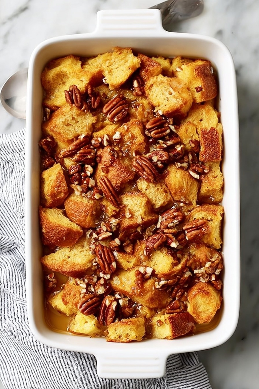 The image shows a white rectangular baking dish filled with a golden brown bread pudding topped with scattered chopped pecans. The bread chunks are large, uneven, and have a soft, slightly crisp texture with a toasted surface in various shades of light to dark amber. The chopped pecans are sprinkled evenly over the top, adding a rough texture and deeper brown color contrast. The dish is placed on a white marbled surface with a striped cloth partially visible underneath. photo taken with an iphone --ar 2:3 --v 7