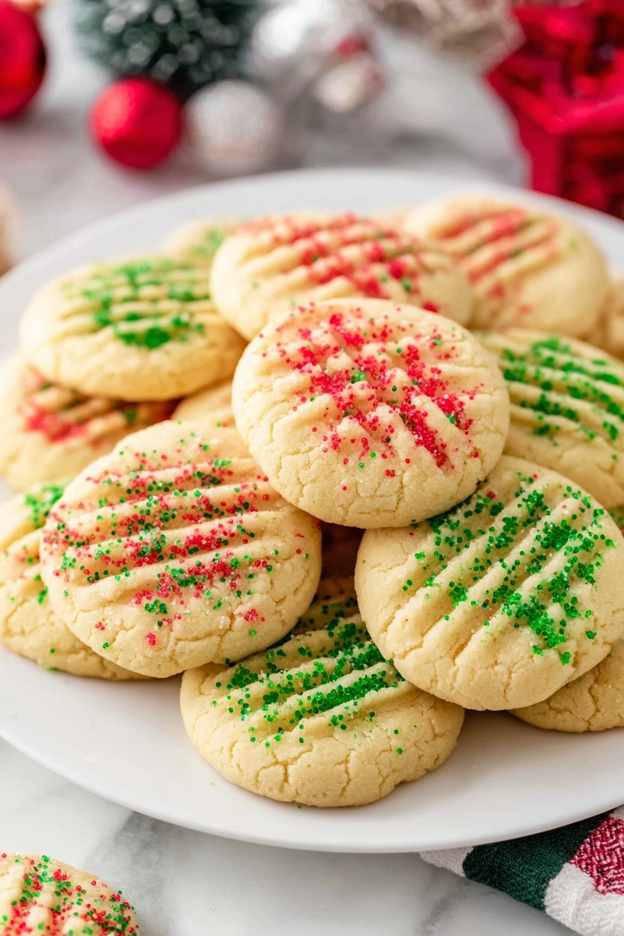 A white plate full of light golden round cookies, each with a crisscross pattern pressed on top. The cookies are decorated with red and green sugar sprinkles scattered mainly in the center and lightly around the edges. The cookies are stacked in a slightly uneven pile on a white marbled surface, with some sugar sprinkles falling on the plate around them. In the background, faint blurred festive decorations add a soft holiday feel. Photo taken with an iphone --ar 2:3 --v 7