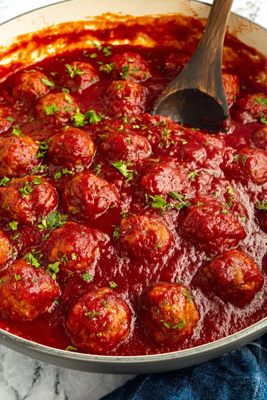 A close-up of a large round white pan filled with many meatballs covered in thick, bright red tomato sauce with visible chunks of tomatoes. Small bits of fresh green herbs are sprinkled on top, adding a fresh touch. A dark wooden spoon is partially dipped in the sauce on the right side, stirring the meatballs. The pan rests on a white marbled surface with a blue cloth nearby. photo taken with an iphone --ar 2:3 --v 7