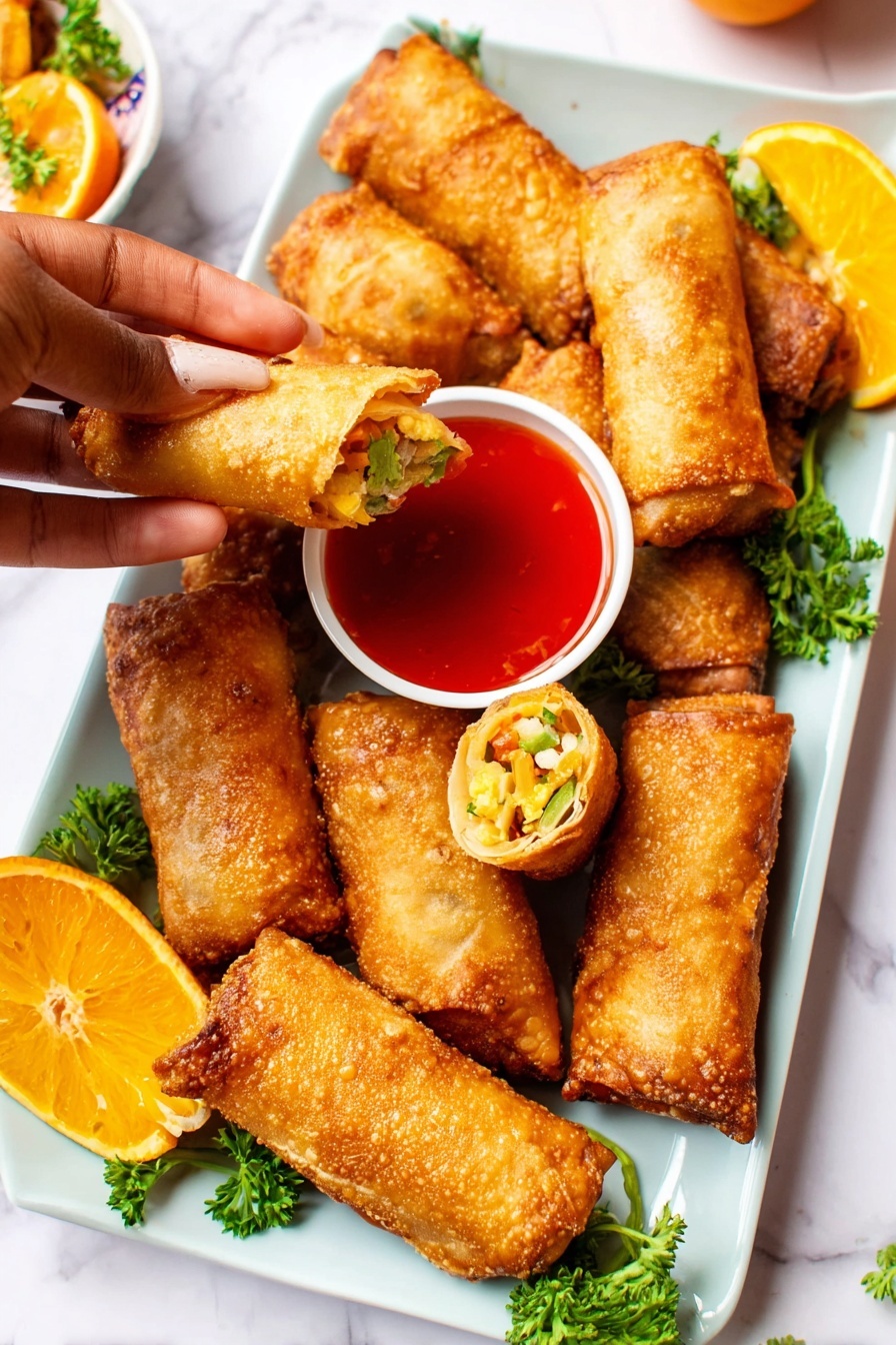 A white rectangular plate holds several golden brown, crispy egg rolls arranged closely together. One egg roll is broken in half, showing a colorful layered filling inside with light yellow, green, and pinkish tones. A small white cup filled with bright red dipping sauce sits in the middle of the plate, with a woman's hand dipping one egg roll into it. Garnishes of fresh green parsley and bright orange slices are placed on the plate's edges. The background is a white marbled surface. photo taken with an iphone --ar 2:3 --v 7
