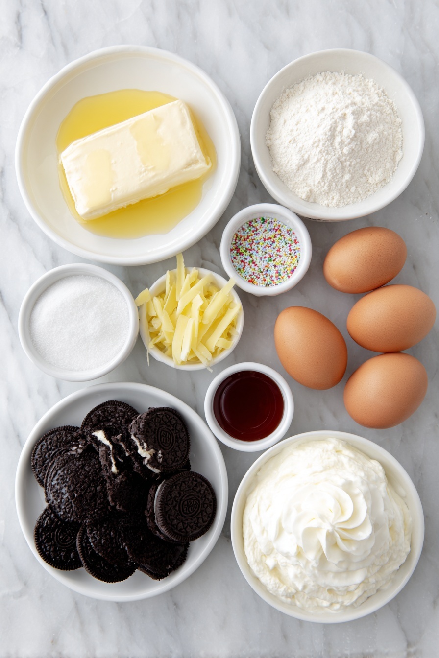 Flat lay of crushed Oreo cookies with creamy white filling, a small mound of melted golden butter, a smooth block of cream cheese, a small bowl of granulated white sugar, a small bowl of pale all-purpose flour, a few thin strips of bright yellow lemon zest, two whole brown eggs with clean shells, a small bowl of thick heavy cream, a small bowl of vivid green food coloring, a small bowl of bright red food coloring, a dollop of whipped cream, and colorful assorted sprinkles, all arranged in perfect symmetry on simple white ceramic bowls and plates, placed on a clean white marble surface, soft natural light, photo taken with an iPhone, professional food photography style, fresh ingredients, white ceramic bowls, no bottles, no duplicates, no utensils, no packaging --ar 2:3 --v 7 --p m7354615311229779997