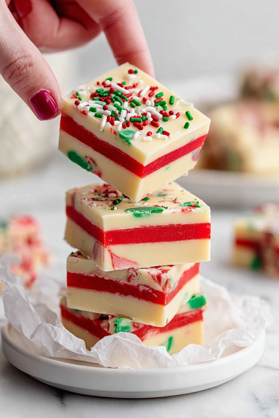 A stack of four square fudge pieces is shown on a white plate lined with crumpled white paper on a white marbled surface. The bottom fudge piece is mainly cream with thin red swirls near the base. The second fudge piece is cream with green patches scattered throughout. The third fudge piece has thick red and cream stripes alternating horizontally. The top fudge piece, held by a woman's hand above the stack, features a cream base with one corner covered in red and is topped with red, green, and white round and stick-shaped sprinkles. The scene looks bright and festive. photo taken with an iphone --ar 2:3 --v 7