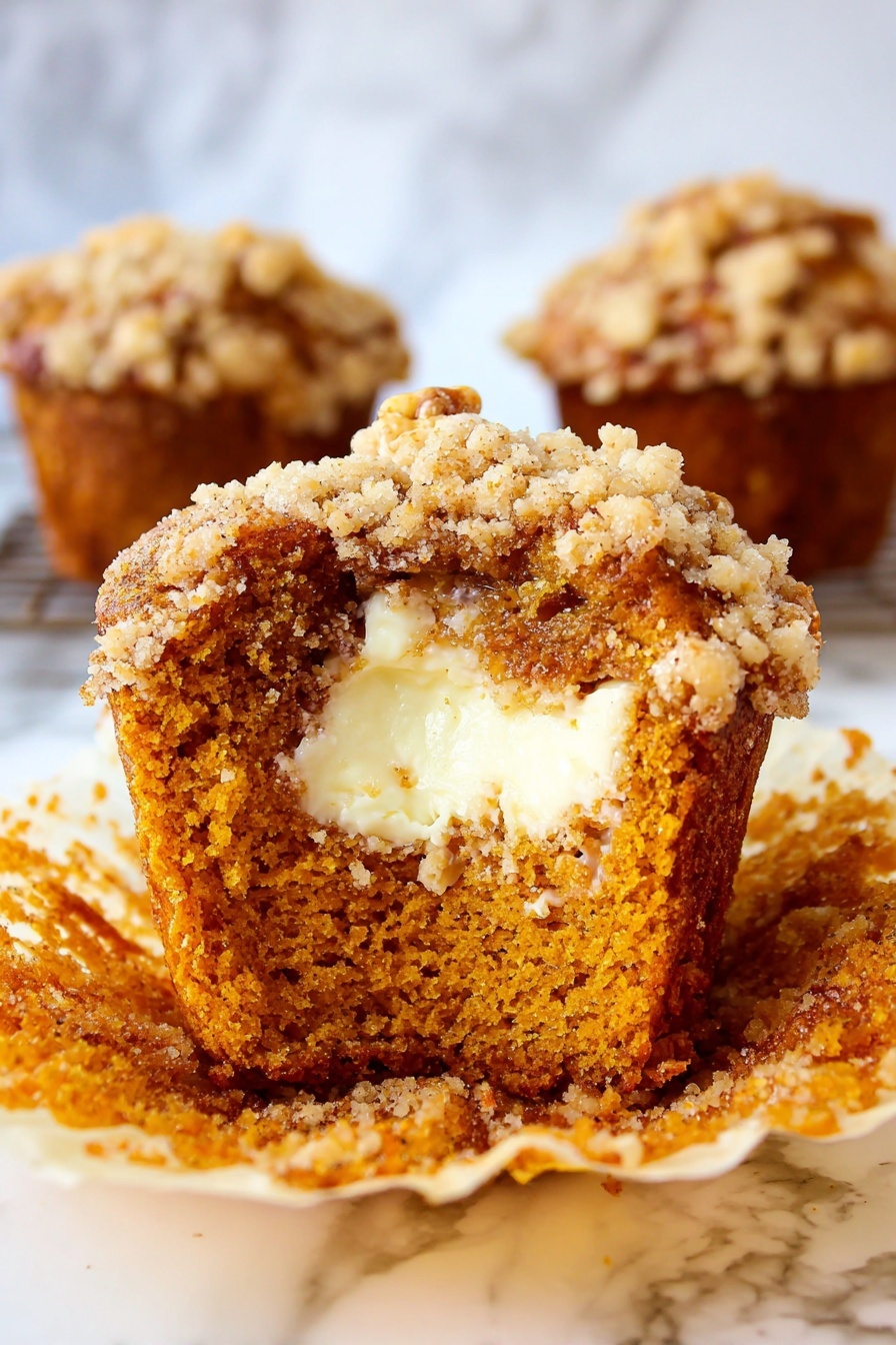 The image shows a close-up of a muffin with three visible layers: the bottom and middle layers are a moist, orange-brown cake with a soft texture, the middle has a creamy white filling, and the top layer is a crumbly streusel topping with bits of nuts and sugar crystals giving it a crunchy look. The muffin liner is peeled down around the base, revealing the detailed crumb of the cake. In the background, there are two more muffins slightly out of focus on a white marbled surface. Photo taken with an iphone --ar 2:3 --v 7