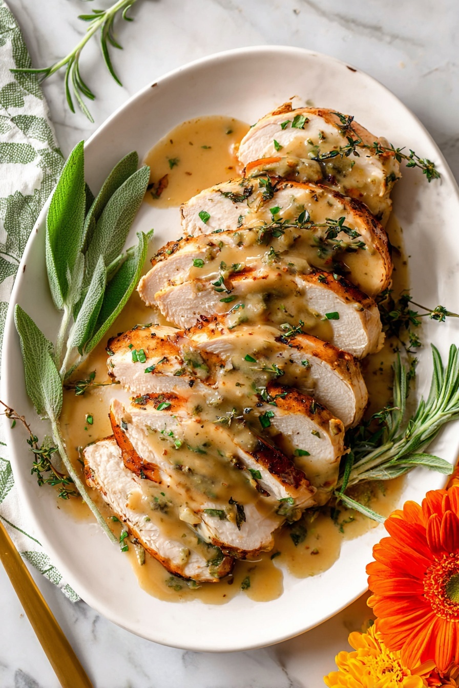 The dish shows multiple layers of sliced cooked chicken arranged on a white plate. Each slice has a browned, slightly crispy outside and a tender, white inside. A light brown gravy sauce is drizzled over the chicken, adding shine and moisture, with tiny green herb pieces sprinkled across the top. The plate is adorned with green herb sprigs on the left and a bright orange flower on the lower right, all set against a white marbled surface. A gold fork is partly visible on the right side beside the plate. photo taken with an iphone --ar 2:3 --v 7