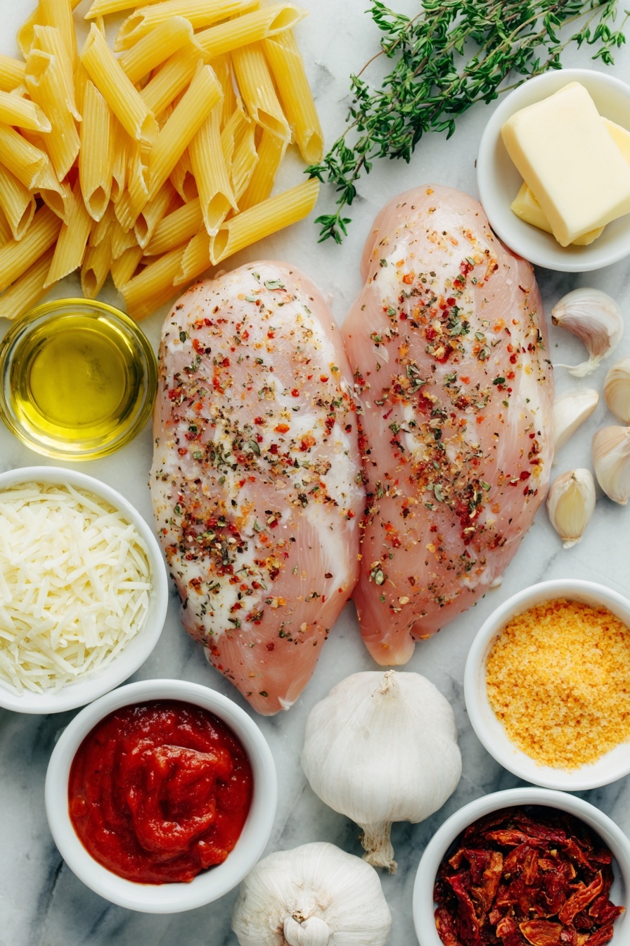 Flat lay of two medium raw chicken breasts with a light sprinkle of mixed spices (salt, pepper, onion powder, garlic powder, paprika) visible on their surface, a small white ceramic bowl filled with amber olive oil, uncooked dry penne pasta loosely scattered, a few tablespoons of golden unsalted butter in a small white bowl, one large shallot with papery skin partially peeled and some finely chopped pieces beside it, several fresh garlic cloves whole and unpeeled, a small white bowl holding bright red tomato paste, a small white bowl with pale beige all-purpose flour, a small white bowl filled with clear low-sodium chicken broth, a small white bowl containing creamy white half-and-half, a small white bowl with finely chopped deep red sun-dried tomatoes, a small mound of crushed golden chicken bouillon powder, a small heap of finely grated fresh Parmesan cheese, and a few sprigs of fresh green parsley and basil arranged neatly – all ingredients fresh and natural, placed on a clean white marble surface, soft natural light, photo taken with an iPhone, professional food photography style, fresh ingredients, white ceramic bowls, no bottles, no duplicates, no utensils, no packaging --ar 2:3 --v 7 --p m7354615311229779997
