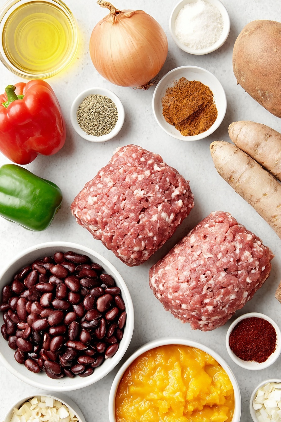 Flat lay of a small pool of golden olive oil in a simple white ceramic bowl, one fresh hot Italian sausage link with a natural sheen, a plump raw lean ground beef portion shaped neatly, one whole uncracked brown onion, a small sweet potato peeled with bright orange flesh cut into half-inch chunks, one vivid red bell pepper quartered, one bright green bell pepper quartered, six peeled garlic cloves arranged in a small cluster, a small white ceramic bowl containing deep red chili powder, another small bowl with earthy brown ground cumin, a small bowl with dark reddish chipotle chili powder, a tiny bowl holding smoked paprika with a rich rusty hue, small bowls with ground coriander and warm brown ground cinnamon, a tiny bowl of fine white salt, and a small bowl of pale beige ground ginger; two fresh bay leaves resting side by side, two glossy fire-roasted tomatoes with charred skin intact, a small mound of kidney beans rinsed and glistening, a heap of shiny black beans, a smooth scoop of bright orange pumpkin puree in a white bowl, tomato sauce with its rich red color in a small bowl, a small bowl of mild diced green chiles with visible seeds and bits, a small white ceramic bowl holding low-sodium beef broth of golden amber color, one tablespoon of granulated beef bouillon crystals in a neat pile, all laid out in perfect symmetry on a clean white marble surface, soft natural light, photo taken with an iPhone, professional food photography style, fresh ingredients, white ceramic bowls, no bottles, no duplicates, no utensils, no packaging --ar 2:3 --v 7 --p m7354615311229779997