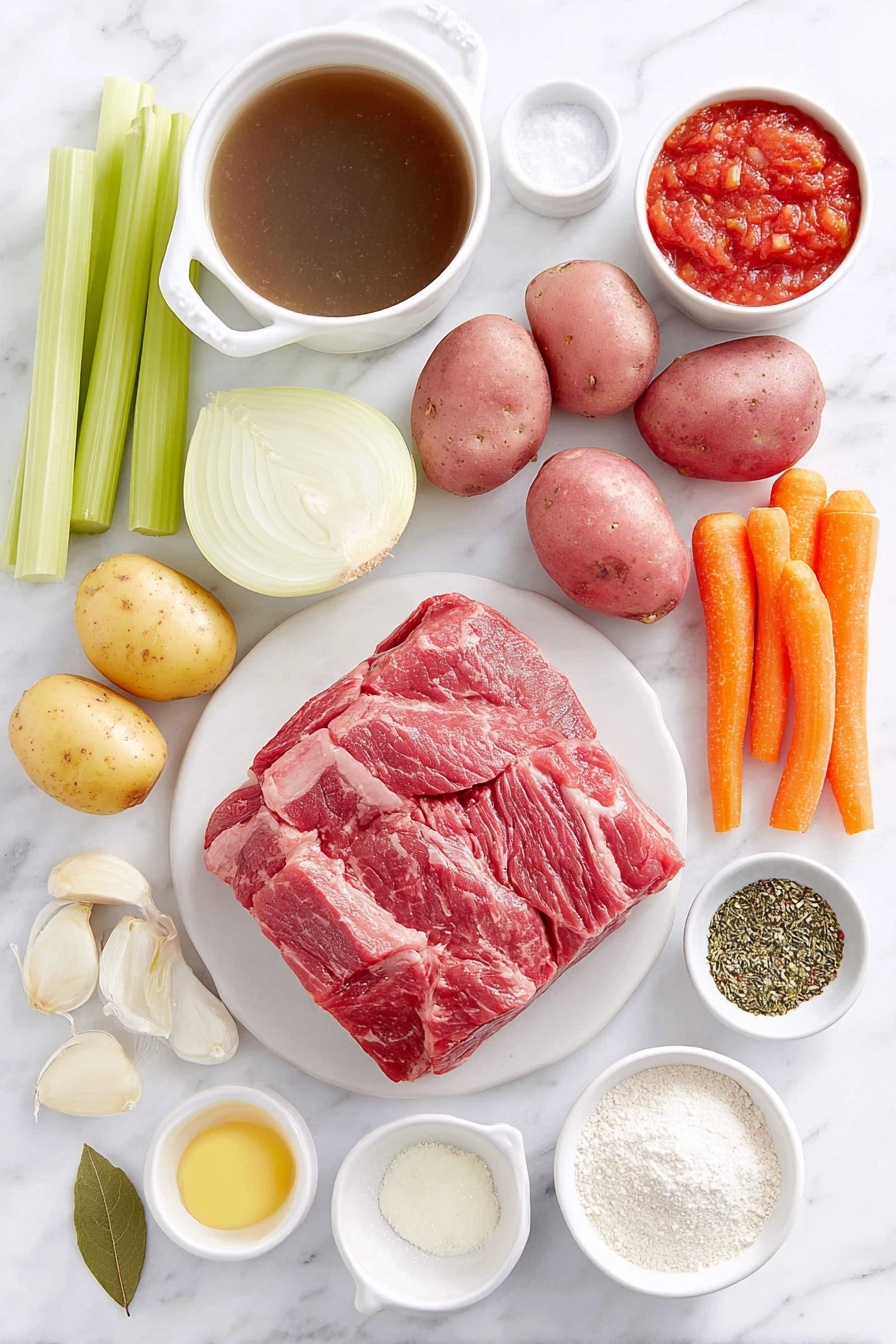 Flat lay of fresh boneless beef chuck roast cut into bite size pieces, a few medium red potatoes chopped, several medium carrots peeled and sliced, four stalks of celery sliced thick, one large chopped onion, several peeled garlic cloves, one fresh bay leaf, a small white bowl of crushed ripe red tomatoes, a small white bowl of dark beef consommé broth, a small white bowl of low sodium beef broth, a small white bowl of soy sauce, a small white bowl of Dijon mustard, a small white bowl of all-purpose flour, a small white bowl of beef bouillon powder, a small white bowl of granulated sugar, and small white bowls each containing ground cumin, paprika, dried oregano, and dried thyme, all ingredients arranged with perfect symmetry on a clean white marble surface, soft natural light, photo taken with an iPhone, professional food photography style, fresh ingredients, white ceramic bowls, no bottles, no duplicates, no utensils, no packaging --ar 2:3 --v 7 --p m7354615311229779997