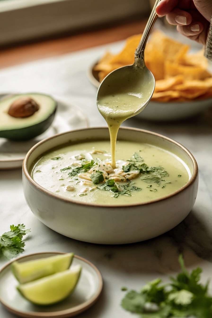 A white ceramic bowl filled with thick, creamy pale green soup with small chunks and sprinkled fresh green cilantro on top, a ladle is pouring more soup into the bowl from above, held by a woman's hand visible in the top right; around the bowl, a white marbled surface holds small white plates with lime wedges, an avocado half, green cilantro leaves, and yellow tortilla chips, all softly focused in the background; warm natural light highlights the textures of the soup and surrounding ingredients, photo taken with an iphone --ar 2:3 --v 7