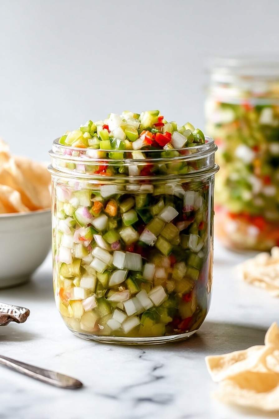A clear glass jar filled with finely chopped layers of various vegetables, mainly green pickles, white onions, and small pieces of red and green peppers. The diced vegetables are tightly packed inside the jar, giving a textured, colorful, and fresh look. The jar sits on a white marbled surface, with another similar jar blurred in the background to the right. On the left side, a woman's hand holds a small utensil next to a white bowl filled with light beige chips. The overall scene is bright and clean with soft natural lighting highlighting the freshness of the chopped vegetables. photo taken with an iphone --ar 2:3 --v 7
