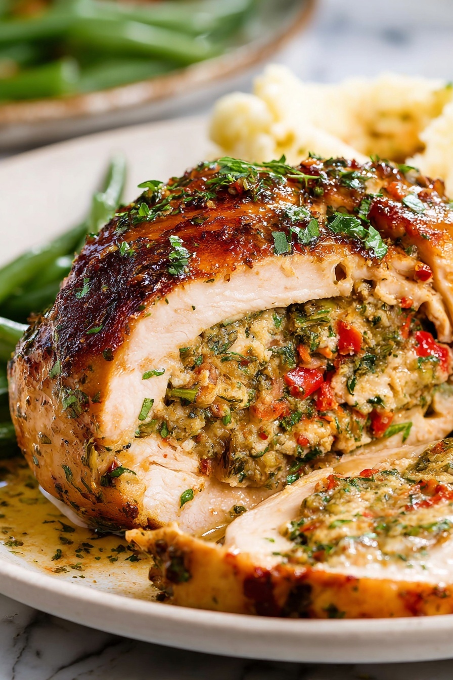 On a white plate with a decorative dark rim, there is one thick piece of cooked chicken with a slightly browned, golden outer layer covered in a creamy sauce with small red and green bits, sprinkled with chopped fresh herbs. To the right of the chicken is a generous scoop of creamy mashed potatoes topped with a small pat of melting butter and black pepper, sprinkled with green herbs. Below the chicken and potatoes, a small bunch of bright green cooked asparagus spears are arranged next to a gold fork that has a bit of mashed potato on it. The plate is held by a woman's hand against a white marbled surface photo taken with an iphone --ar 2:3 --v 7