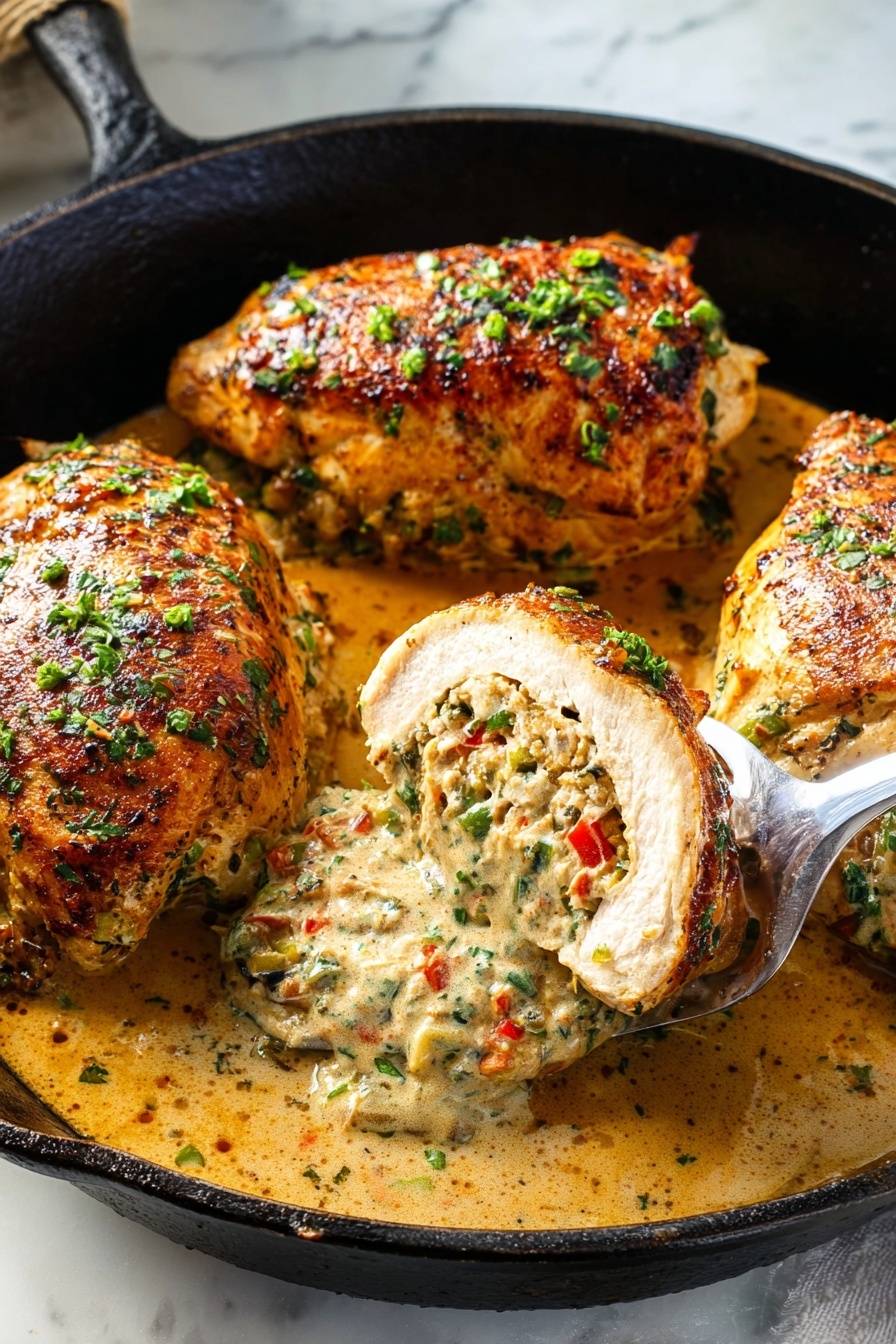 Four stuffed chicken breasts sit in a black cast iron skillet on a white marbled surface. Each chicken breast is golden brown with a crispy, slightly charred outer layer, topped with small green herb pieces. The inside layers of the chicken breast reveal a creamy filling mixed with small pieces of red and green vegetables, creating a colorful contrast. The skillet contains a light brown, creamy sauce that surrounds the chicken breasts, adding a glossy shine to the dish. A metal spatula, lifting one breast, highlights the thick, rich texture of the filling. photo taken with an iphone --ar 2:3 --v 7