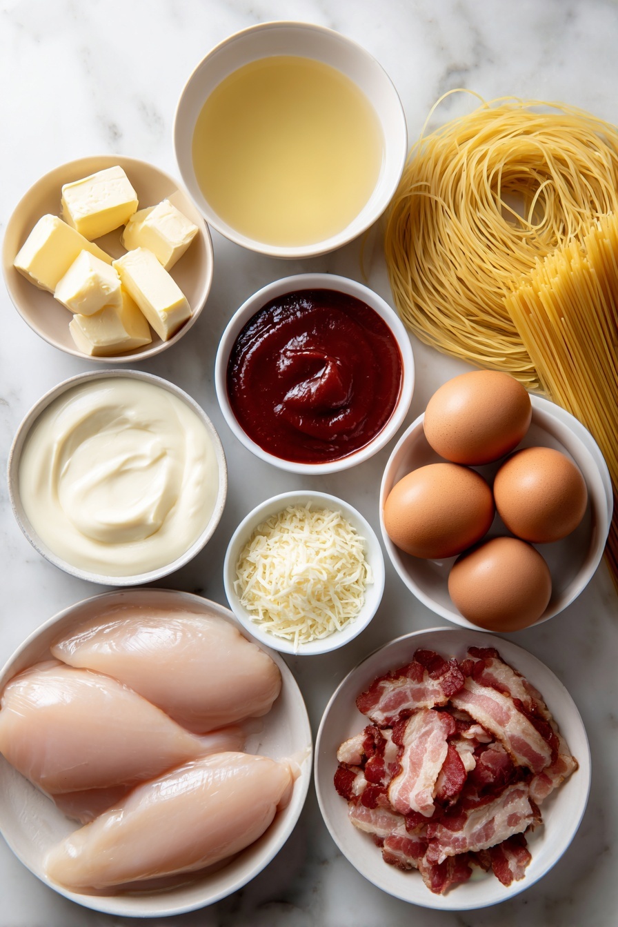 Flat lay of boneless, skinless chicken breasts, a small white bowl of golden chicken broth, a few cubes of pale yellow butter, a small white bowl with freshly chopped garlic, whole brown eggs with clean shells, a pile of uncooked golden spaghetti noodles broken in half, a small white bowl filled with thick creamy heavy cream, a small white bowl with deep red BBQ sauce, a small white bowl with shredded pale parmesan cheese, several strips of cooked crispy bacon chopped into pieces, placed on a clean white marble surface, soft natural light, photo taken with an iPhone, professional food photography style, fresh ingredients, white ceramic bowls, no bottles, no duplicates, no utensils, no packaging --ar 2:3 --v 7 --p m7354615311229779997