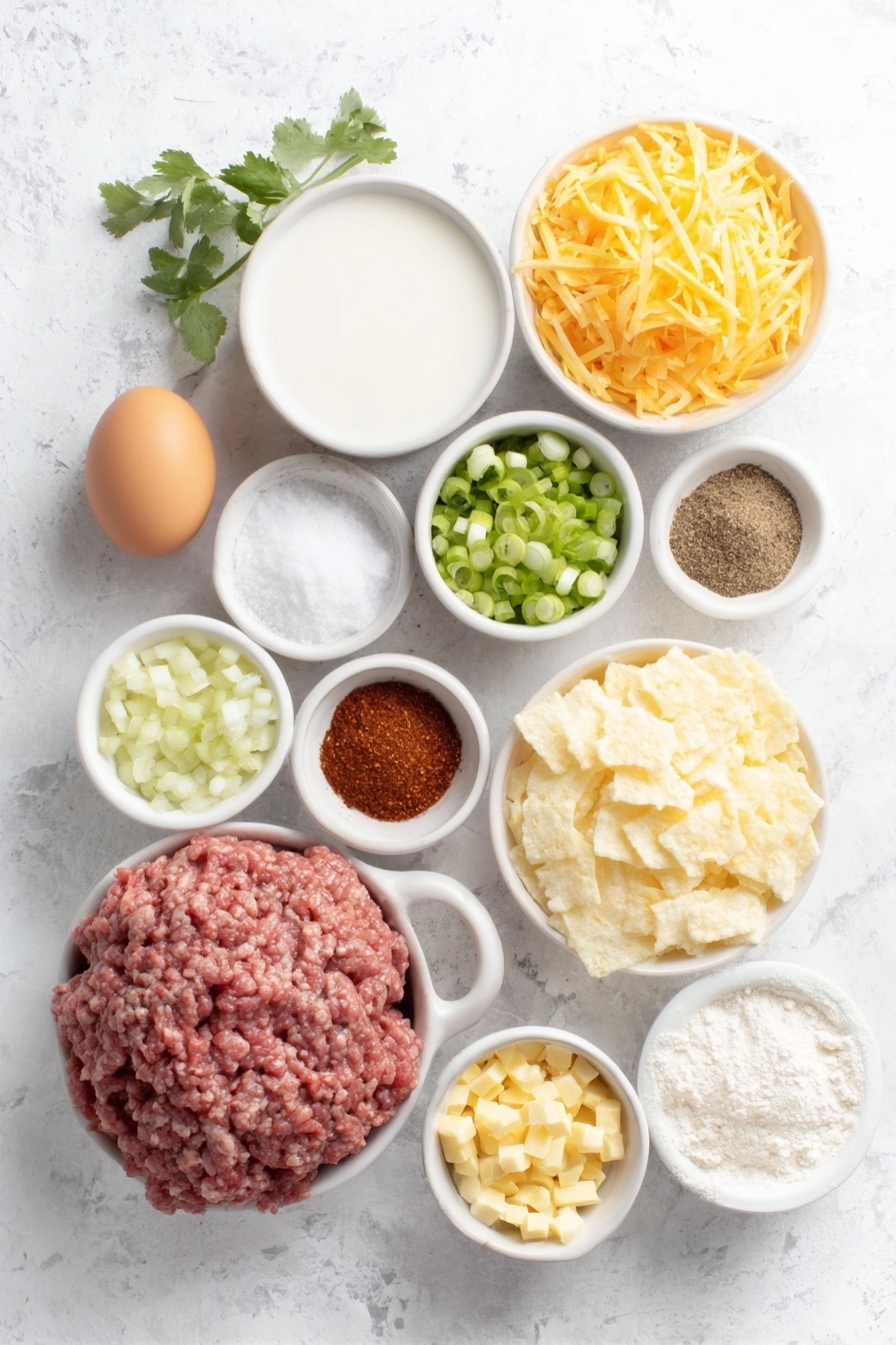 Flat lay of one whole brown egg with a clean shell, a small white ceramic bowl of golden crushed saltine crackers, a small white bowl filled with finely minced bright green onions, a small white bowl of fresh chopped cilantro leaves, a small white bowl with creamy milk, a small white bowl containing deep red chili powder, a small white bowl with pale beige garlic powder, a small white bowl holding ground cumin seeds, a small white bowl with vibrant rusty smoked paprika, a small white bowl with dried oregano leaves, a small white bowl of fine salt crystals, a small white bowl of ground black pepper, a mound of fresh raw lean ground beef pink in color, a small white bowl of all-purpose white flour, a small white bowl filled with smooth red tomato paste, a small white bowl containing rich golden unsalted butter cubes, a small white bowl of light canola oil, a small white bowl with unsweetened dark brown cocoa powder, a small white bowl of fine white granulated sugar, a small white bowl with warm brown cinnamon powder, a small white bowl holding clear light golden apple cider vinegar, a small white bowl of shredded yellow cheddar and white Monterey Jack cheese blend, fresh whole bright green cilantro sprigs, fresh shiny green jalapeño peppers, fresh ripe red tomatoes quartered, a small heap of shiny black olives, a small white bowl of thick white sour cream, a small white bowl of creamy green guacamole, and fresh lime wedges with bright green peel and juicy interior—all arranged symmetrically on a clean white marble surface, soft natural light, photo taken with an iPhone, professional food photography style, fresh ingredients, white ceramic bowls, no bottles, no duplicates, no utensils, no packaging --ar 2:3 --v 7 --p m7354615311229779997