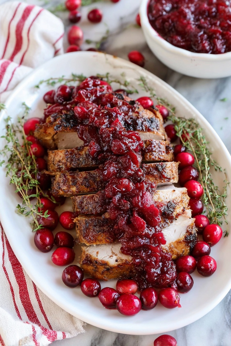A white plate holds a row of thick, sliced cooked turkey with a light brown outer crust and white inside. On top of the turkey is a bright red cranberry sauce with chunks and a shiny, slightly wet texture. Fresh, whole cranberries are piled on one side of the plate, showing their smooth and round surface. A few small green thyme sprigs lie over the cranberry sauce and turkey, adding a touch of color contrast. The background is a white marbled surface. photo taken with an iphone --ar 2:3 --v 7