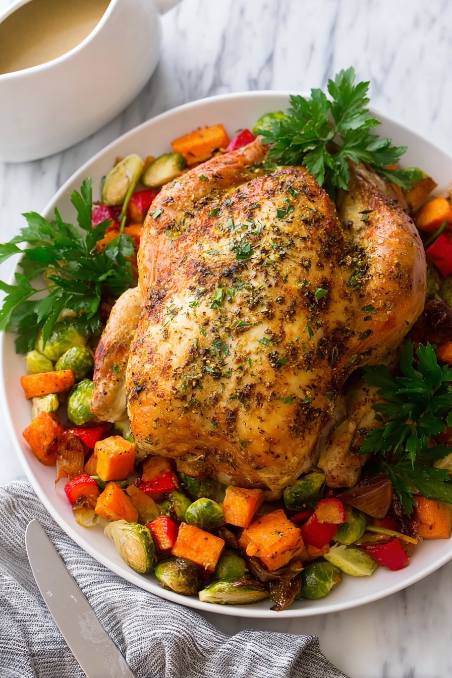 A golden-brown roasted chicken with a crispy skin seasoned with green herbs sits at the center of a white plate. Around the chicken, there is a colorful mix of roasted vegetables, including green Brussels sprouts, orange sweet potatoes, and red bell peppers, creating a bright border. Fresh green parsley leaves are placed behind the chicken for garnish. In the background, a white gravy boat is partially visible. The plate sits on a white marbled surface with a gray-striped cloth napkin and a metal knife beside it. photo taken with an iphone --ar 2:3 --v 7