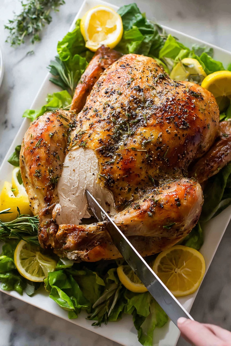 A whole roasted chicken with golden brown, crispy skin sprinkled with black pepper and herbs is placed in the center of a white rectangular plate. The chicken rests on a bed of green leafy lettuce, with bright yellow lemon halves and small bunches of fresh green herbs scattered around it. A woman's hand is holding a knife, slicing a thick piece of the juicy white meat from the chicken's side. The scene is set on a white marbled surface. photo taken with an iphone --ar 2:3 --v 7