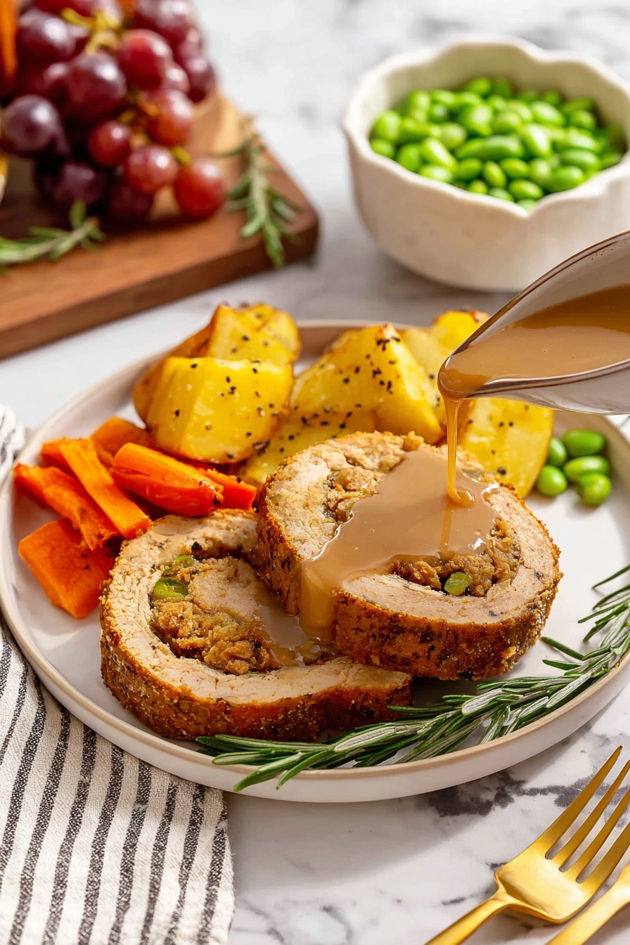 A shiny brown rolled loaf with a crispy outer layer is sliced open to reveal a soft, crumbly orange-brown filling inside, placed on a white, slightly oval plate. The plate is decorated with fresh green rosemary sprigs, deep red cranberries, and dark purple grapes spread around the loaf. The plate sits on a wooden board over a white marbled surface. Nearby, there is a white bowl filled with roasted yellow and orange root vegetables and another bowl with green beans. A bright lemon wedge and part of a striped cloth napkin are also visible. Photo taken with an iphone --ar 2:3 --v 7