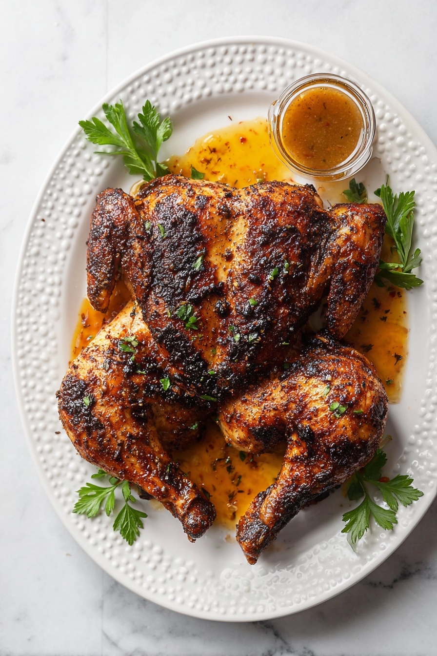 A whole roasted chicken is placed on a white plate with a slightly raised, dotted edge design. The chicken is spatchcocked, spread flat with two legs and wings out to the sides and the breast in the center. The skin is dark brown with crispy, blackened spice crust showing textured seasoning all over. Underneath the chicken, there is a small pool of orange-brown sauce with visible oil droplets and herb pieces. On the right side of the plate, a small glass cup filled with light brown sauce sits close to the chicken’s leg. Green parsley leaves garnish the top left and right edges of the plate. The plate is on a white marbled surface. photo taken with an iphone --ar 2:3 --v 7