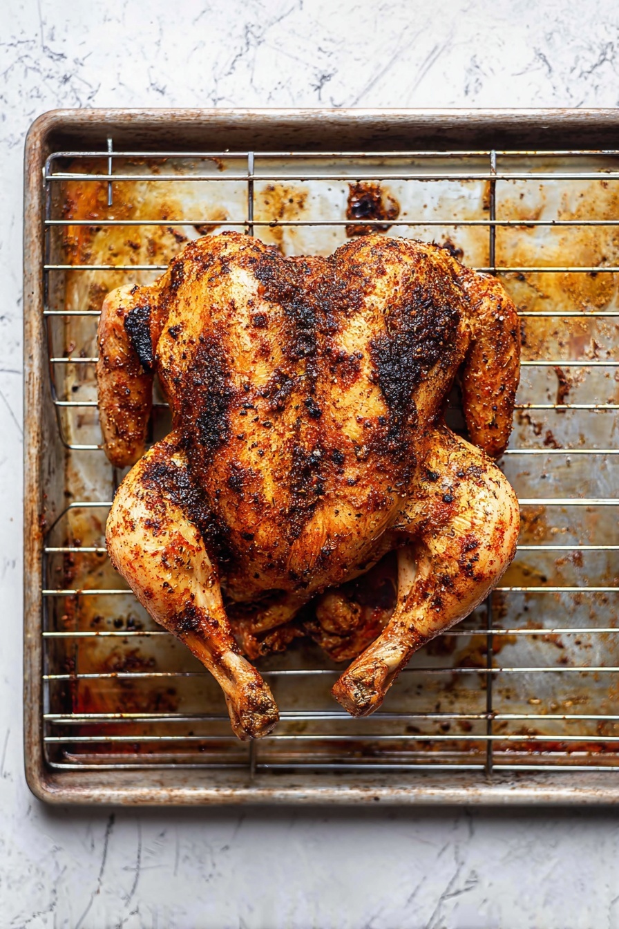 A whole roasted chicken lies flat on a metal rack, showing a golden-brown skin with a dark, crumbly spice rub evenly spread all over the top. The legs and wings are spread out, showing a slightly crispy and textured surface with some charred spots, while the body skin has a mix of orange and dark brown hues. The metal rack sits on a silver baking tray below, which has some browned, roasted bits and juices from the chicken. The background has a white marbled texture. photo taken with an iphone --ar 2:3 --v 7