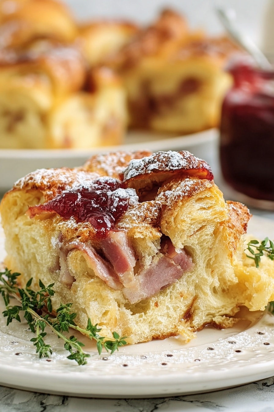 The image shows a close-up of a flaky, golden brown croissant sandwich layered with slices of pink ham and melted yellow cheese, with a topping of shiny red jam spreading over the top. The croissant has a rough, crisp texture with visible flaky layers. It sits on a white plate with small round indentations, garnished with fresh green thyme sprigs on the side. The background shows more blurred croissants and a jar of red jam on a white marbled surface. photo taken with an iphone --ar 2:3 --v 7